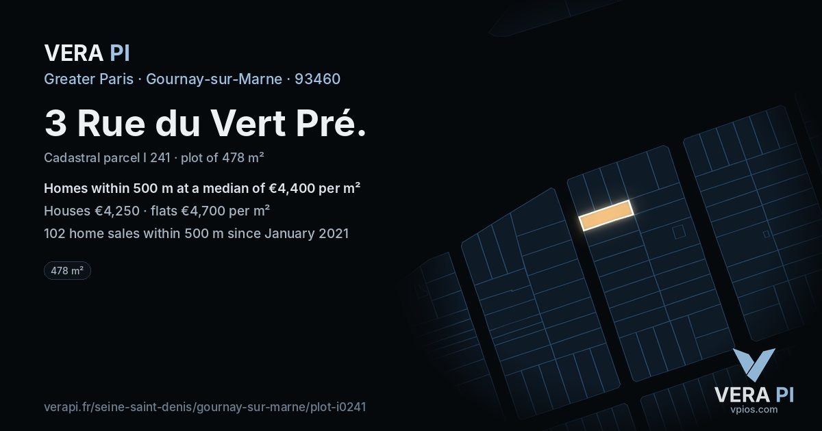3 Rue du Vert Pré, Gournay-sur-Marne at night – the plot lit, the parcels around coloured by the prices near them