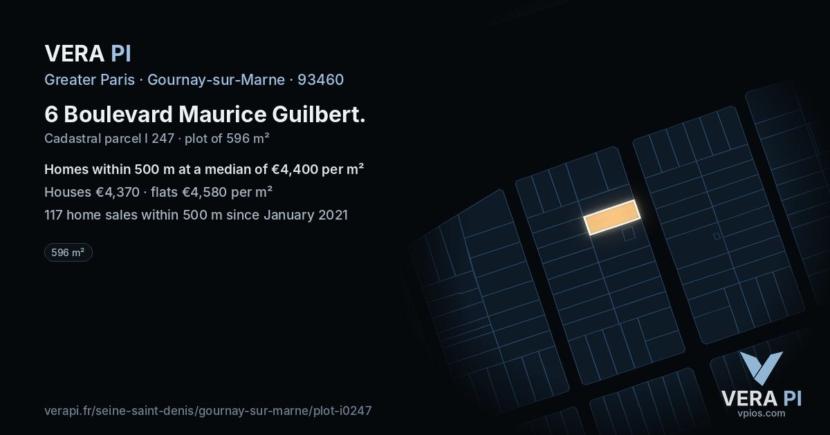 6 Boulevard Maurice Guilbert, Gournay-sur-Marne at night – the plot lit, the parcels around coloured by the prices near them