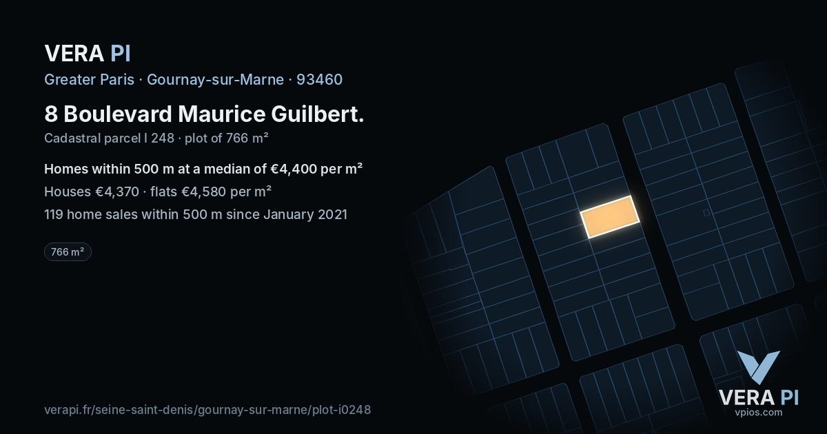 8 Boulevard Maurice Guilbert, Gournay-sur-Marne at night – the plot lit, the parcels around coloured by the prices near them