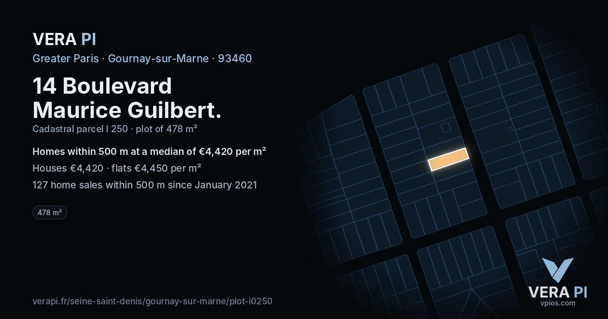 14 Boulevard Maurice Guilbert, Gournay-sur-Marne at night – the plot lit, the parcels around coloured by the prices near them