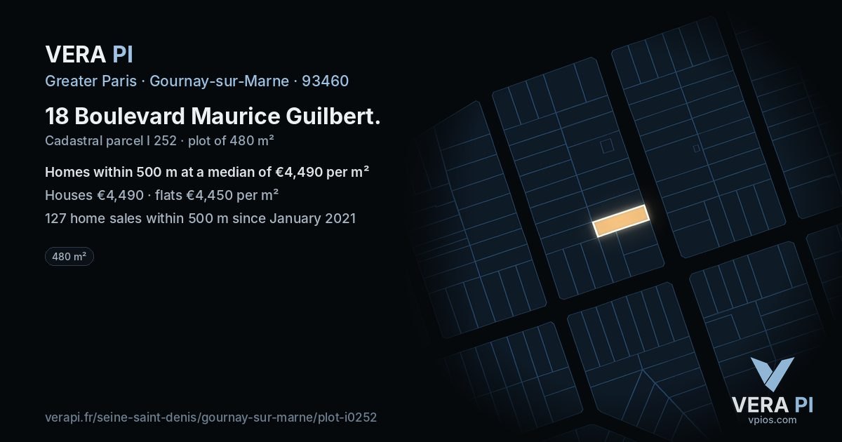 18 Boulevard Maurice Guilbert, Gournay-sur-Marne at night – the plot lit, the parcels around coloured by the prices near them