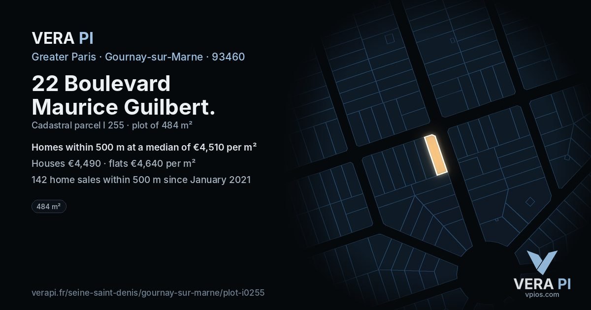 22 Boulevard Maurice Guilbert, Gournay-sur-Marne at night – the plot lit, the parcels around coloured by the prices near them