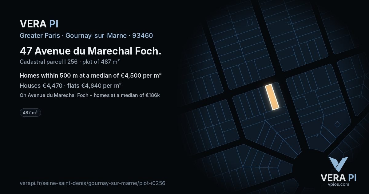 47 Avenue du Marechal Foch, Gournay-sur-Marne at night – the plot lit, the parcels around coloured by the prices near them