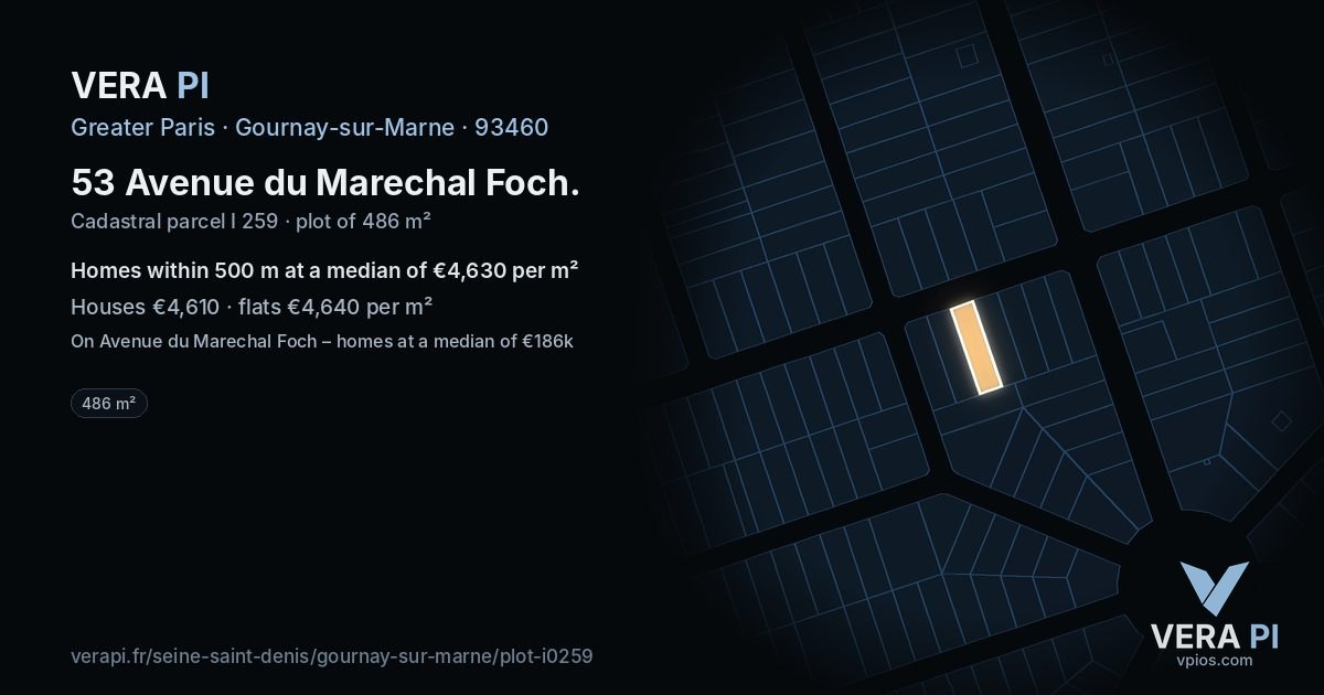 53 Avenue du Marechal Foch, Gournay-sur-Marne at night – the plot lit, the parcels around coloured by the prices near them
