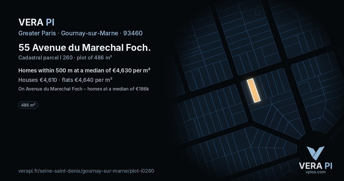 55 Avenue du Marechal Foch, Gournay-sur-Marne at night – the plot lit, the parcels around coloured by the prices near them