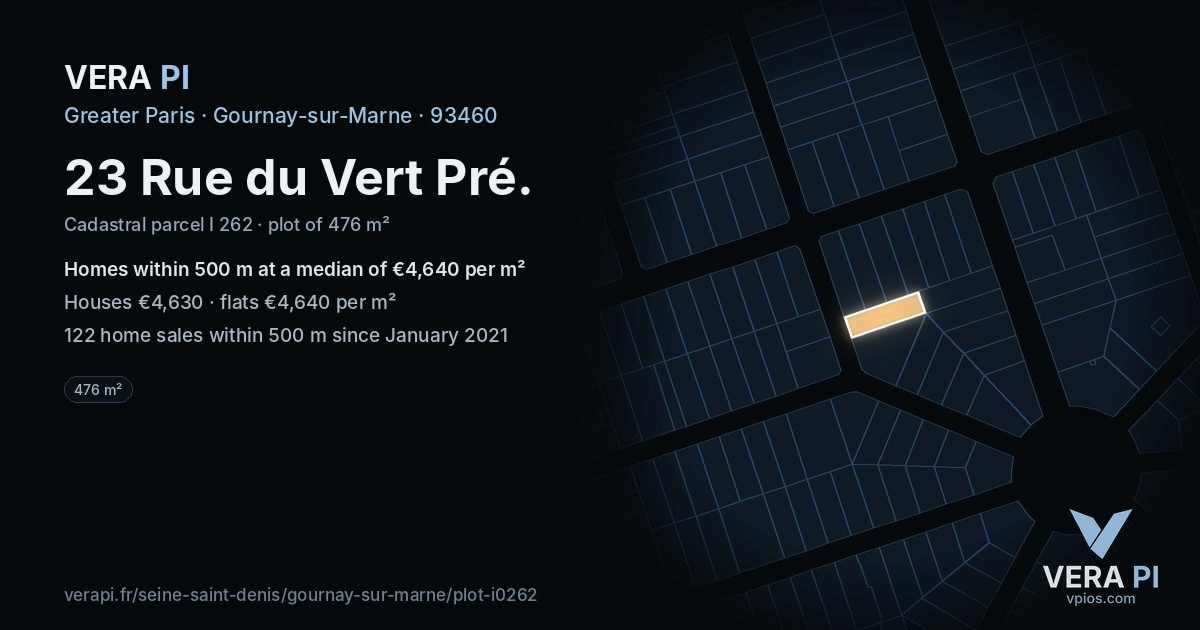 23 Rue du Vert Pré, Gournay-sur-Marne at night – the plot lit, the parcels around coloured by the prices near them