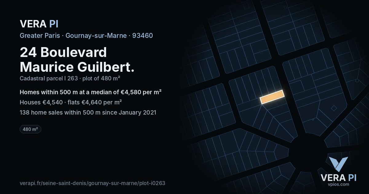 24 Boulevard Maurice Guilbert, Gournay-sur-Marne at night – the plot lit, the parcels around coloured by the prices near them