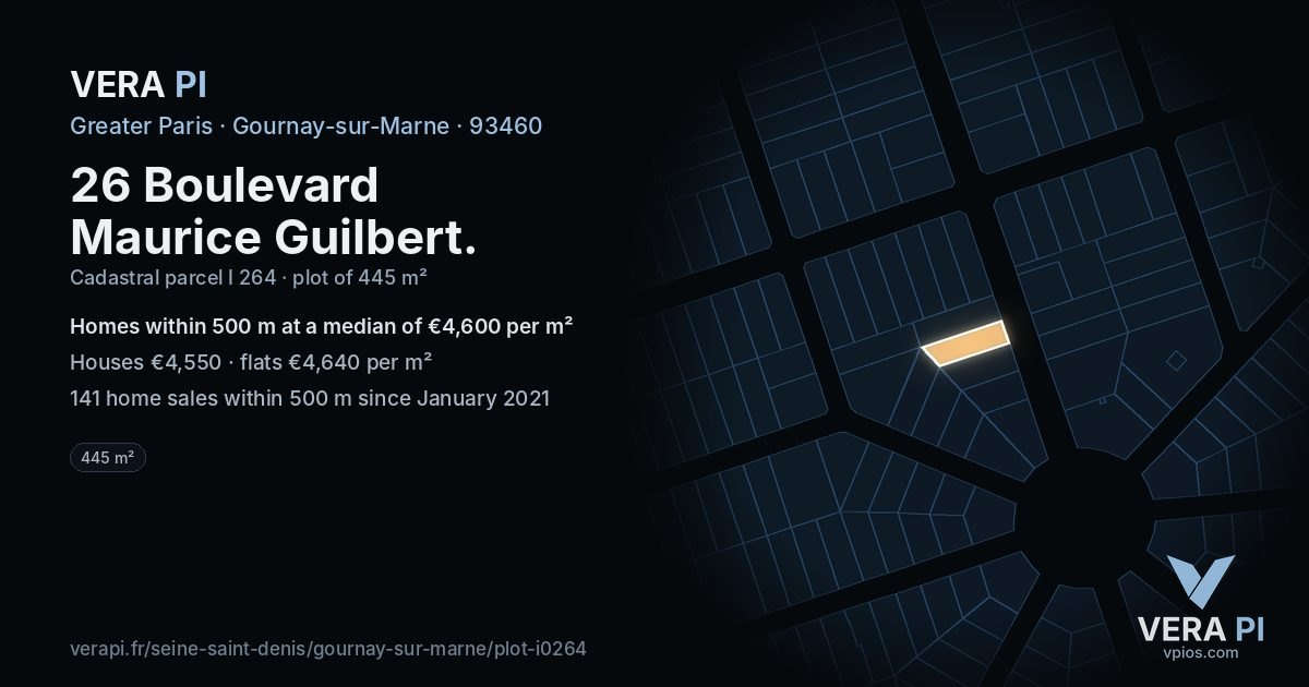 26 Boulevard Maurice Guilbert, Gournay-sur-Marne at night – the plot lit, the parcels around coloured by the prices near them