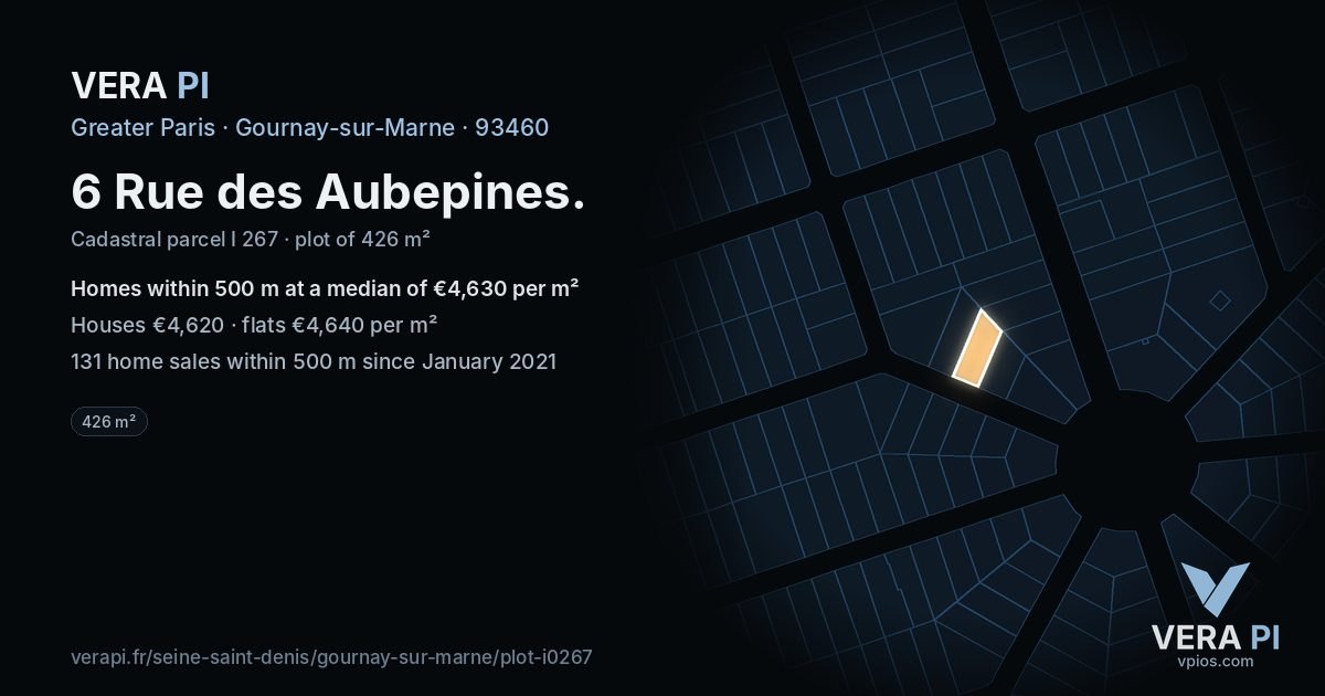 6 Rue des Aubepines, Gournay-sur-Marne at night – the plot lit, the parcels around coloured by the prices near them