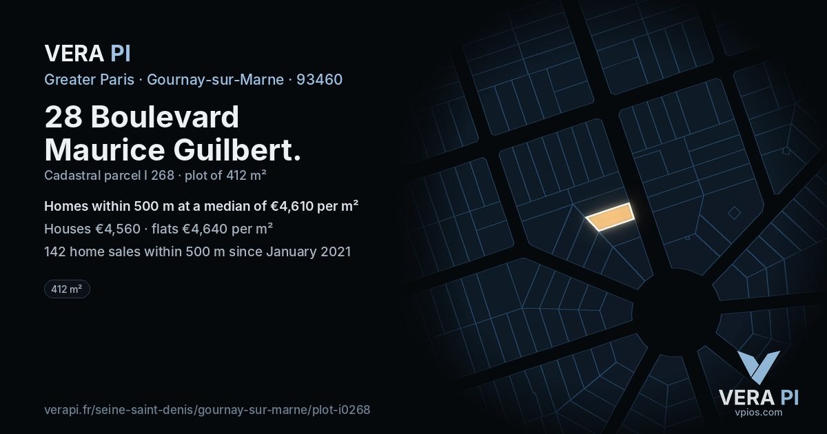 28 Boulevard Maurice Guilbert, Gournay-sur-Marne at night – the plot lit, the parcels around coloured by the prices near them