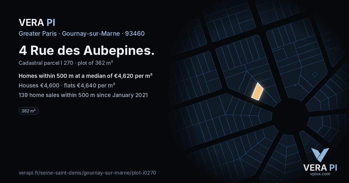 4 Rue des Aubepines, Gournay-sur-Marne at night – the plot lit, the parcels around coloured by the prices near them