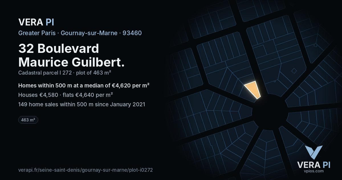 32 Boulevard Maurice Guilbert, Gournay-sur-Marne at night – the plot lit, the parcels around coloured by the prices near them