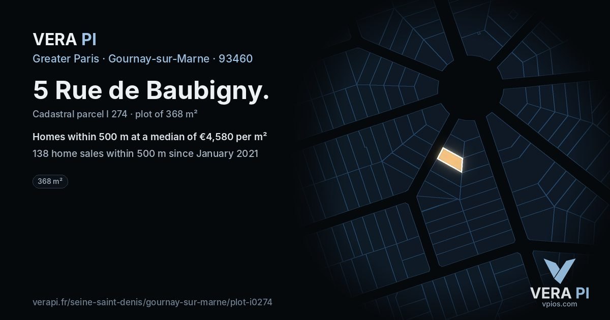 5 Rue de Baubigny, Gournay-sur-Marne at night – the plot lit, the parcels around coloured by the prices near them