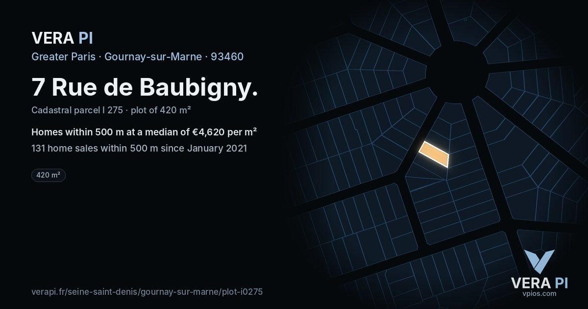 7 Rue de Baubigny, Gournay-sur-Marne at night – the plot lit, the parcels around coloured by the prices near them