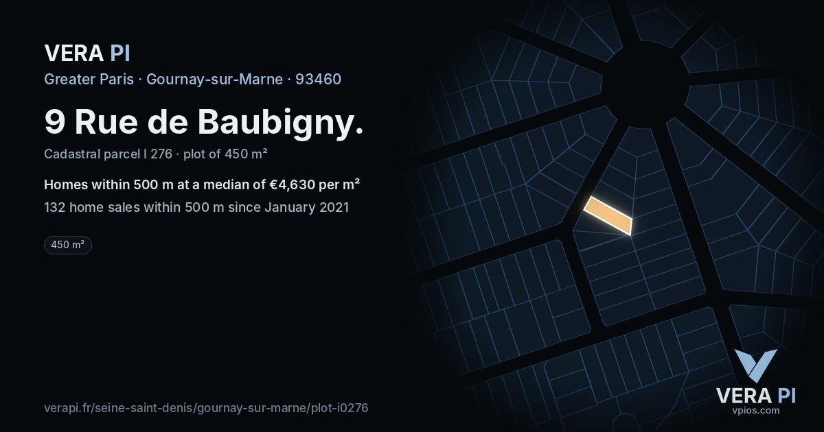 9 Rue de Baubigny, Gournay-sur-Marne at night – the plot lit, the parcels around coloured by the prices near them