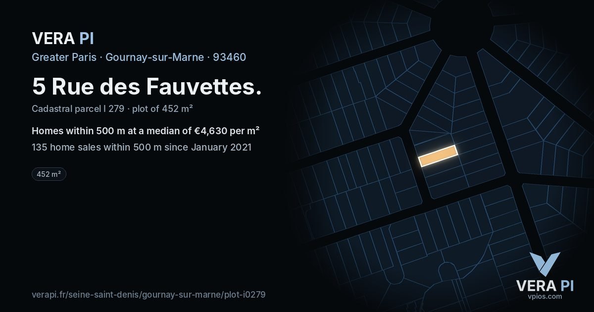 5 Rue des Fauvettes, Gournay-sur-Marne at night – the plot lit, the parcels around coloured by the prices near them