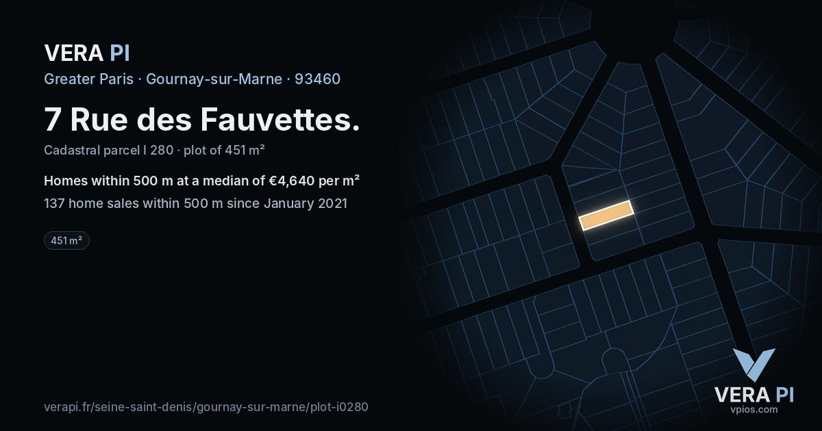 7 Rue des Fauvettes, Gournay-sur-Marne at night – the plot lit, the parcels around coloured by the prices near them