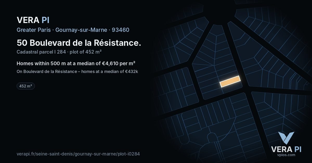 50 Boulevard de la Résistance, Gournay-sur-Marne at night – the plot lit, the parcels around coloured by the prices near them