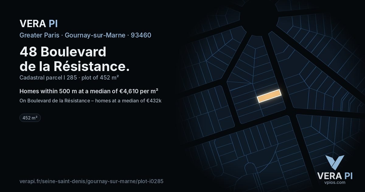48 Boulevard de la Résistance, Gournay-sur-Marne at night – the plot lit, the parcels around coloured by the prices near them
