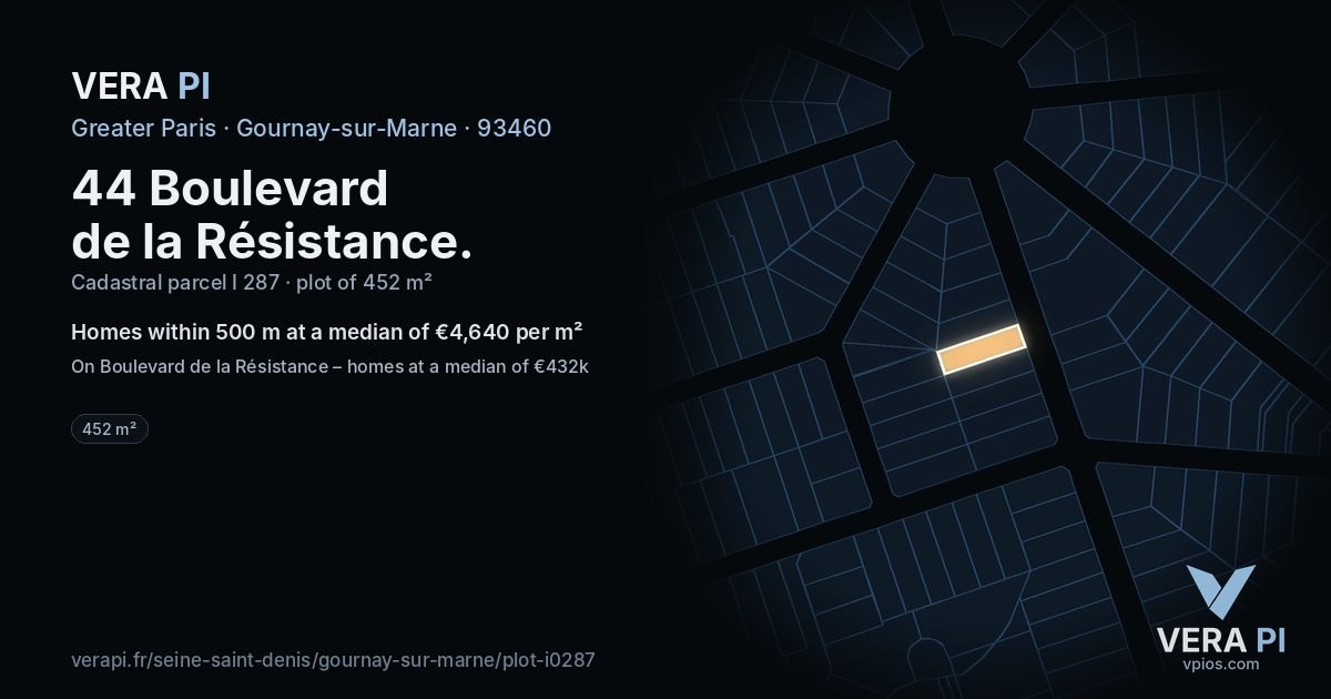 44 Boulevard de la Résistance, Gournay-sur-Marne at night – the plot lit, the parcels around coloured by the prices near them
