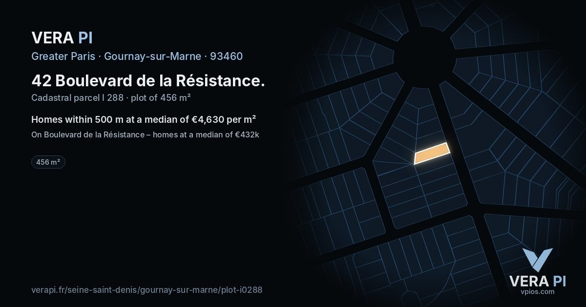 42 Boulevard de la Résistance, Gournay-sur-Marne at night – the plot lit, the parcels around coloured by the prices near them
