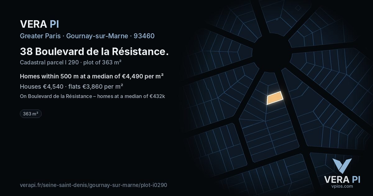 38 Boulevard de la Résistance, Gournay-sur-Marne at night – the plot lit, the parcels around coloured by the prices near them