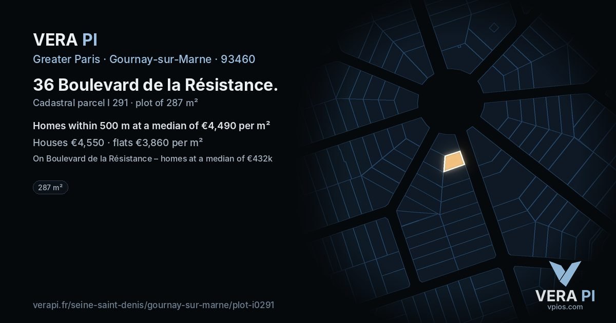 36 Boulevard de la Résistance, Gournay-sur-Marne at night – the plot lit, the parcels around coloured by the prices near them