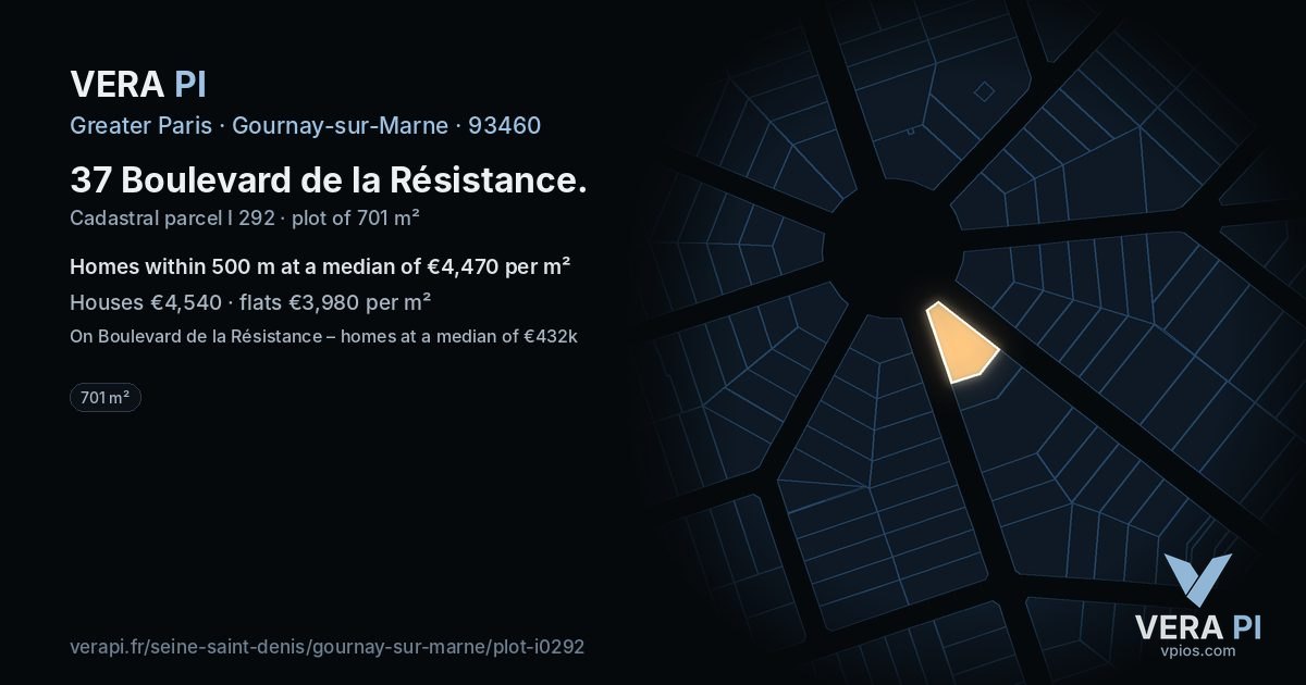 37 Boulevard de la Résistance, Gournay-sur-Marne at night – the plot lit, the parcels around coloured by the prices near them