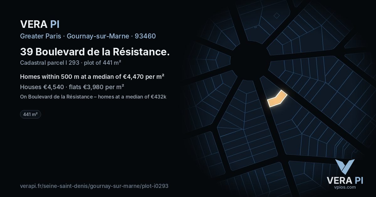 39 Boulevard de la Résistance, Gournay-sur-Marne at night – the plot lit, the parcels around coloured by the prices near them