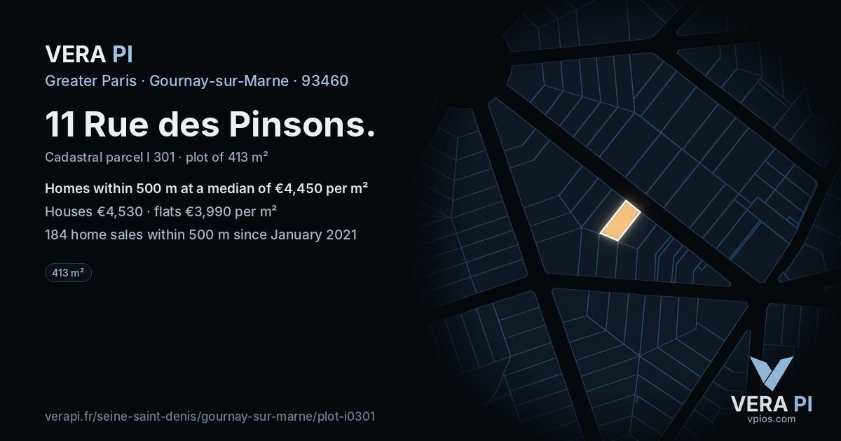 11 Rue des Pinsons, Gournay-sur-Marne at night – the plot lit, the parcels around coloured by the prices near them