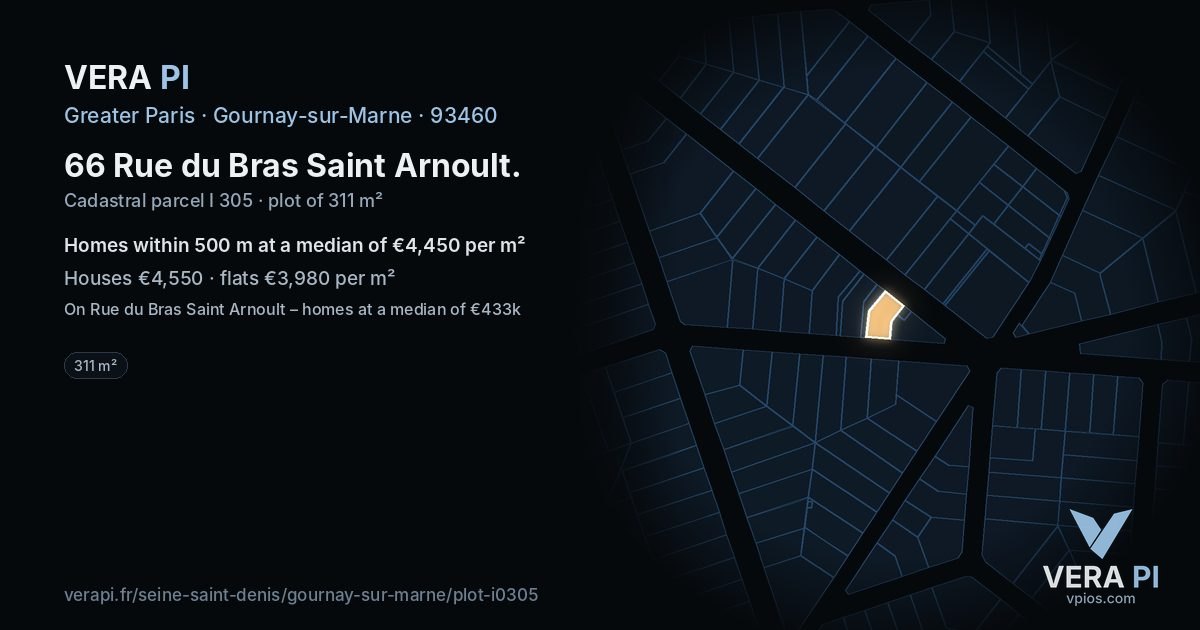 66 Rue du Bras Saint Arnoult, Gournay-sur-Marne at night – the plot lit, the parcels around coloured by the prices near them