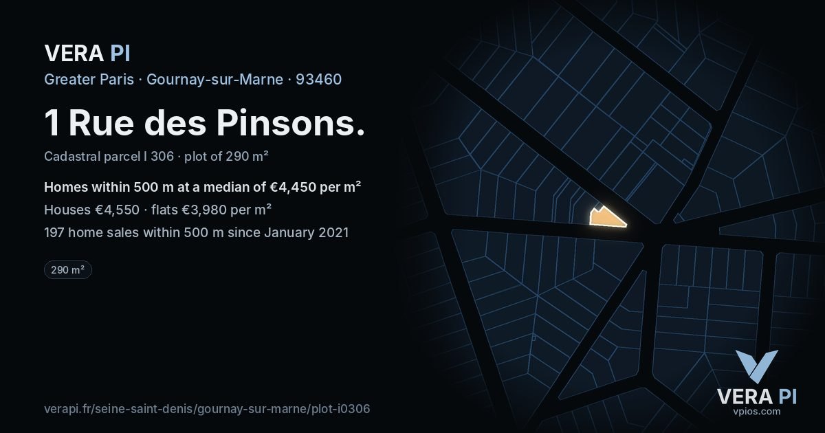 1 Rue des Pinsons, Gournay-sur-Marne at night – the plot lit, the parcels around coloured by the prices near them