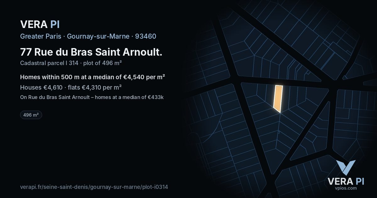 77 Rue du Bras Saint Arnoult, Gournay-sur-Marne at night – the plot lit, the parcels around coloured by the prices near them