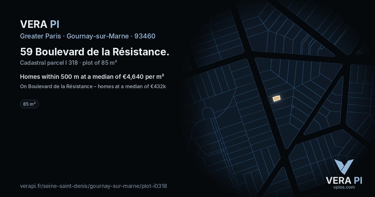 59 Boulevard de la Résistance, Gournay-sur-Marne at night – the plot lit, the parcels around coloured by the prices near them