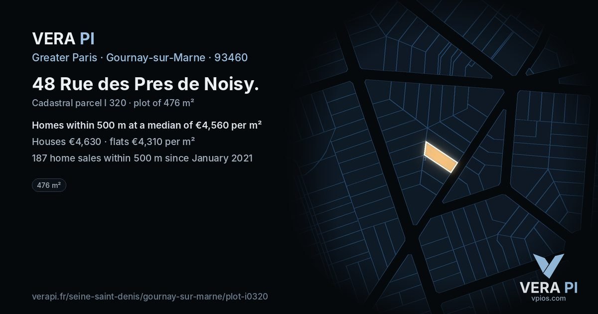 48 Rue des Pres de Noisy, Gournay-sur-Marne at night – the plot lit, the parcels around coloured by the prices near them