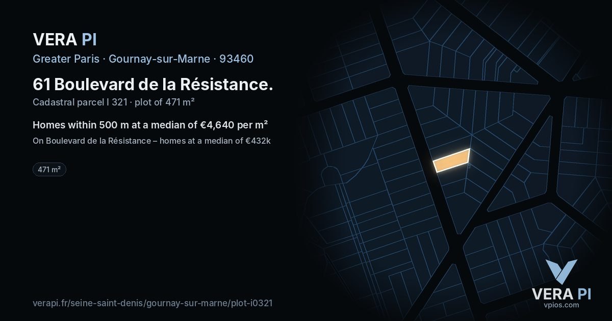 61 Boulevard de la Résistance, Gournay-sur-Marne at night – the plot lit, the parcels around coloured by the prices near them