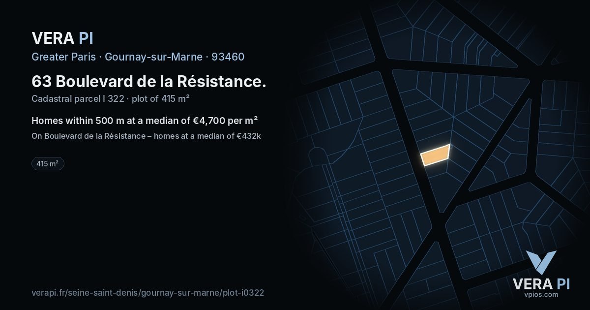 63 Boulevard de la Résistance, Gournay-sur-Marne at night – the plot lit, the parcels around coloured by the prices near them