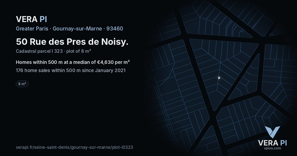 50 Rue des Pres de Noisy, Gournay-sur-Marne at night – the plot lit, the parcels around coloured by the prices near them