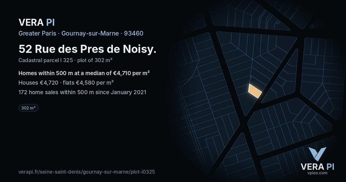 52 Rue des Pres de Noisy, Gournay-sur-Marne at night – the plot lit, the parcels around coloured by the prices near them