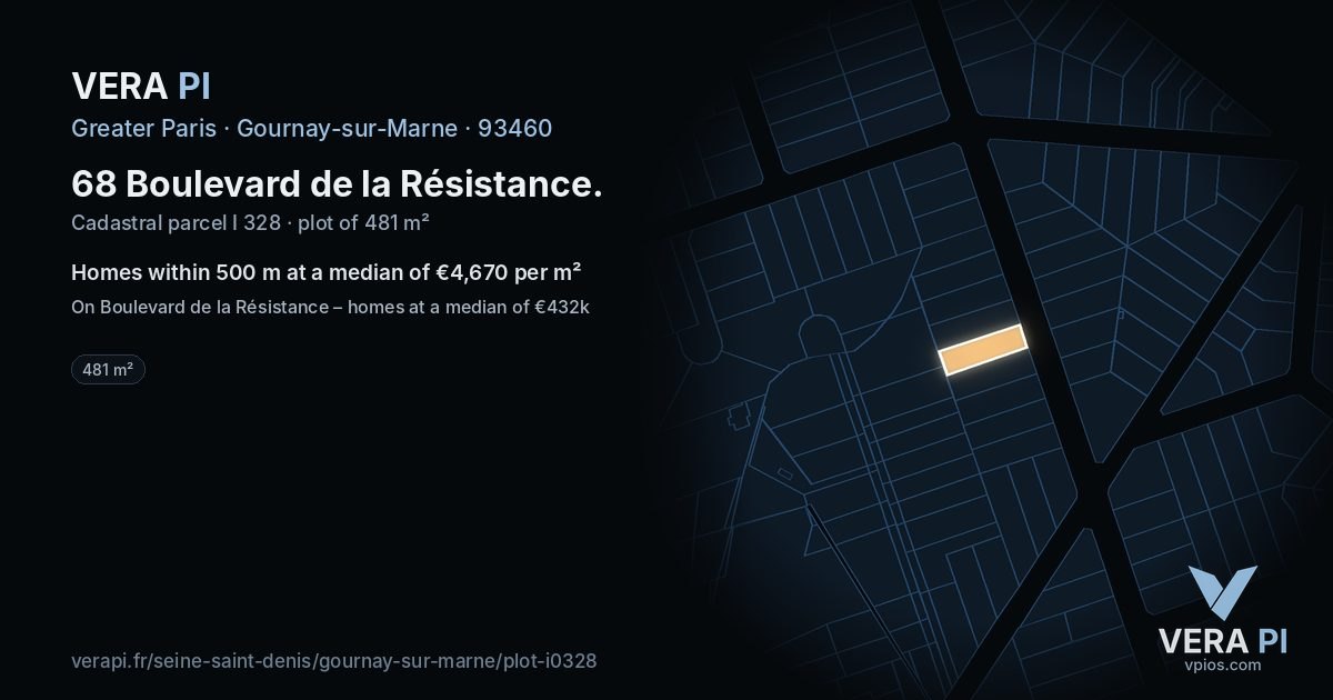68 Boulevard de la Résistance, Gournay-sur-Marne at night – the plot lit, the parcels around coloured by the prices near them