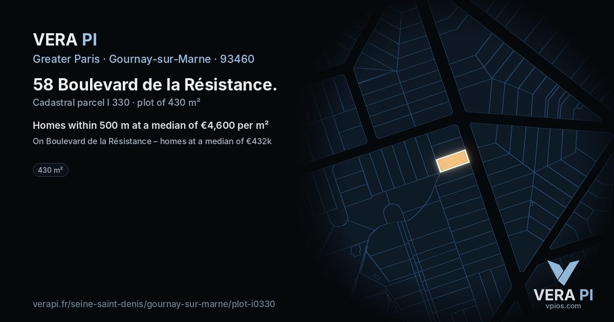 58 Boulevard de la Résistance, Gournay-sur-Marne at night – the plot lit, the parcels around coloured by the prices near them