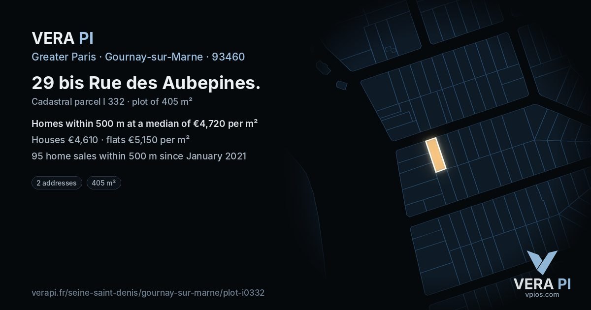 29 bis Rue des Aubepines, Gournay-sur-Marne at night – the plot lit, the parcels around coloured by the prices near them