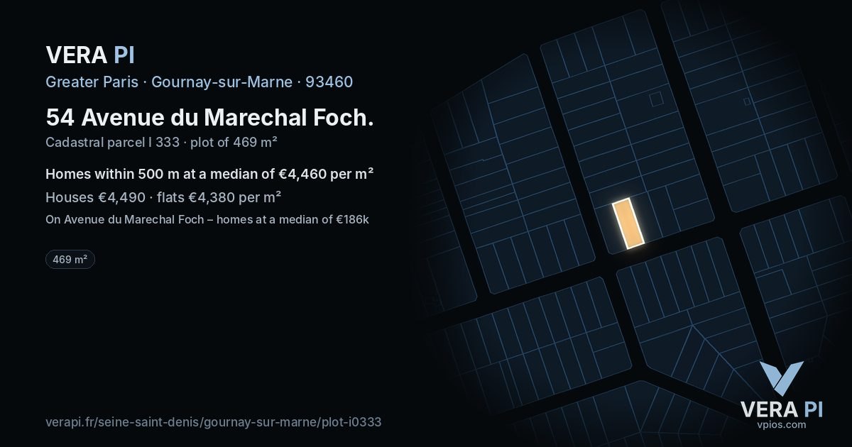 54 Avenue du Marechal Foch, Gournay-sur-Marne at night – the plot lit, the parcels around coloured by the prices near them
