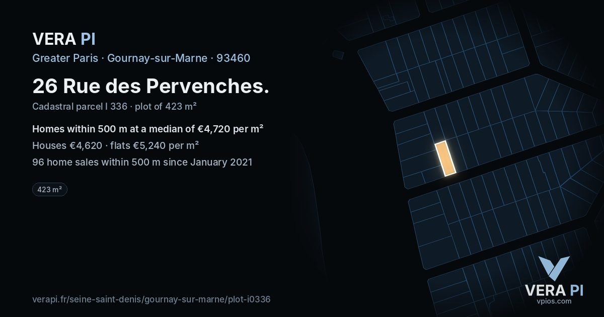 26 Rue des Pervenches, Gournay-sur-Marne at night – the plot lit, the parcels around coloured by the prices near them