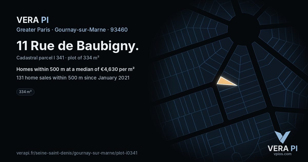 11 Rue de Baubigny, Gournay-sur-Marne at night – the plot lit, the parcels around coloured by the prices near them