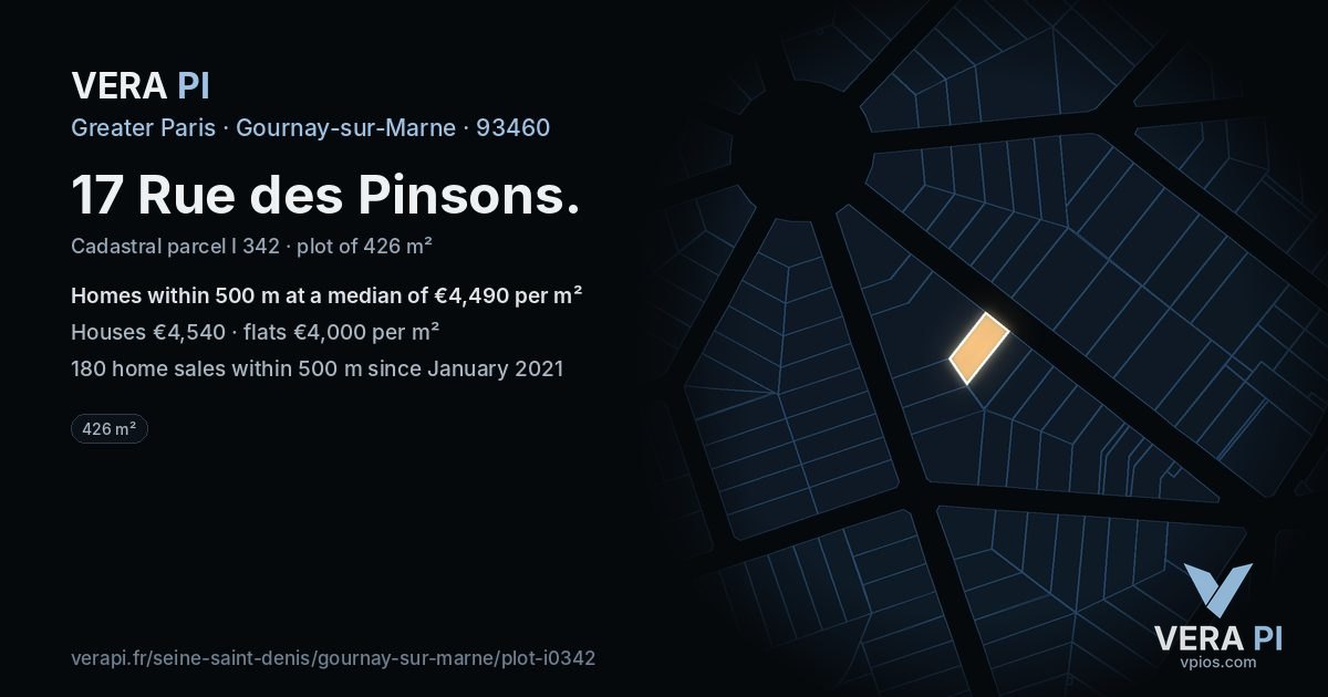17 Rue des Pinsons, Gournay-sur-Marne at night – the plot lit, the parcels around coloured by the prices near them