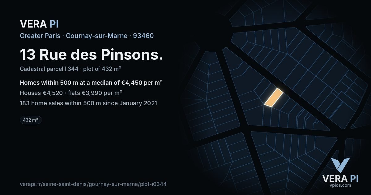 13 Rue des Pinsons, Gournay-sur-Marne at night – the plot lit, the parcels around coloured by the prices near them