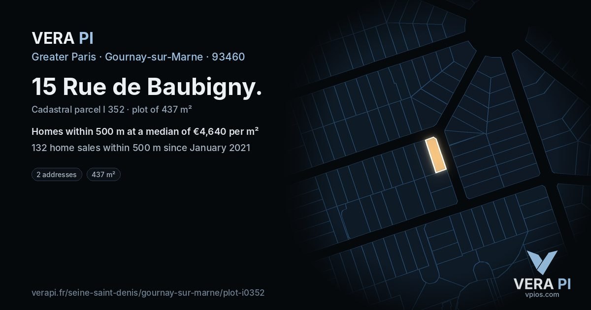 15 Rue de Baubigny, Gournay-sur-Marne at night – the plot lit, the parcels around coloured by the prices near them