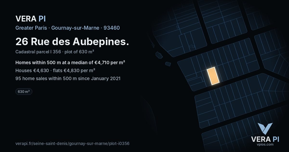 26 Rue des Aubepines, Gournay-sur-Marne at night – the plot lit, the parcels around coloured by the prices near them