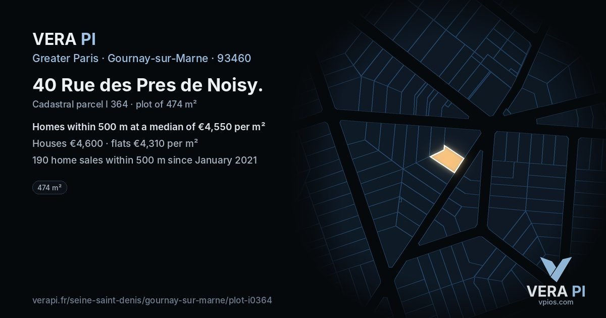 40 Rue des Pres de Noisy, Gournay-sur-Marne at night – the plot lit, the parcels around coloured by the prices near them
